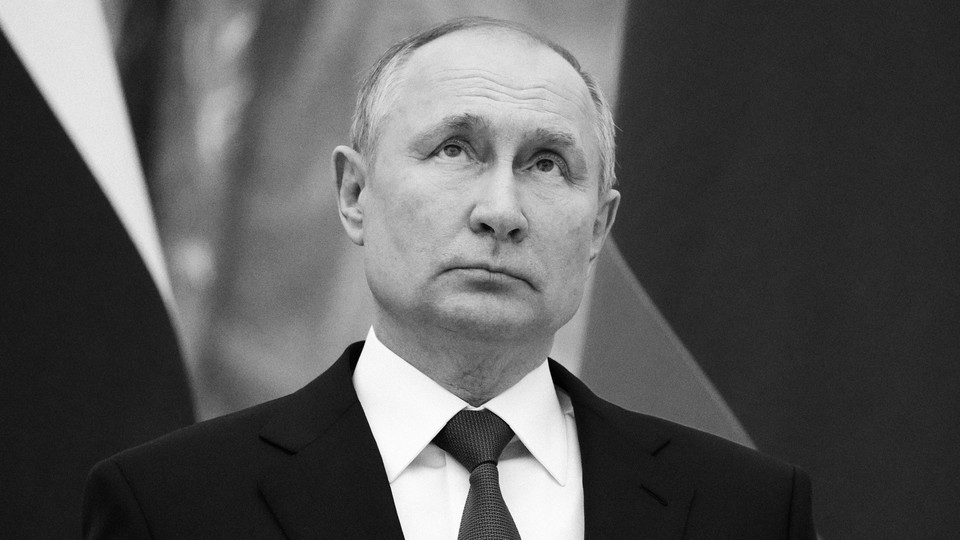 A black-and-white photo of Vladimir Putin