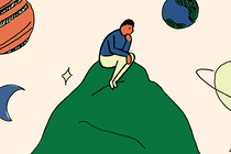 An illustration of a man sitting atop a green hill, surrounded by planets