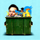 Photo collage of Elon Musk's face and a Twitter logo in a dumpster fire