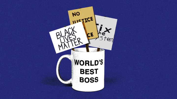 An illustration of a mug reading "World's Best Boss" with "Black Lives Matter," "No Justice, No Peace," and "Fix the System" signs inside it