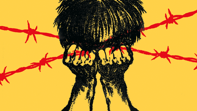 A drawing of hands in front of a face against a yellow background with barbed wire