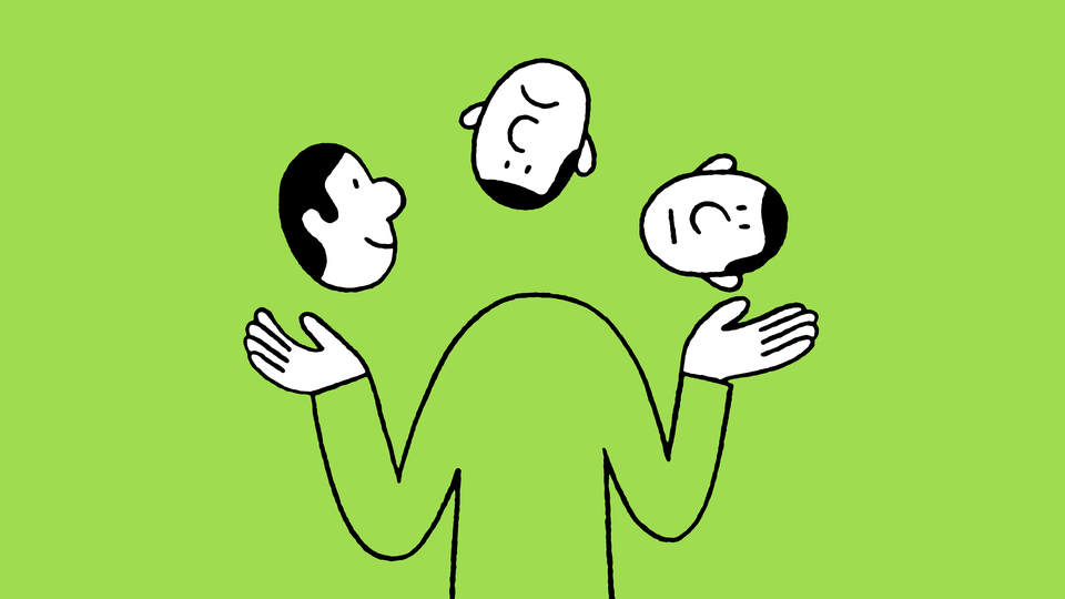 drawing of figure juggling 3 heads with 3 different expressions on green background