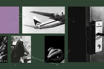 Collage of an ultrasound, a plane, patient with feet in gynecological stirrups, and a hotel door