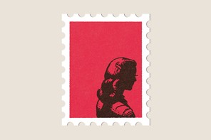 An illustration of a red postage stamp with a cutout of a woman's torso facing away; the postage stamp is centered on a beige background