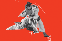 black and white photograph of sparring women on red background with white pencil marks