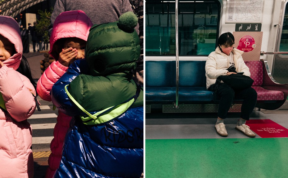 young kids in colorful coats; a woman on a train sitting next to empty pink seat.