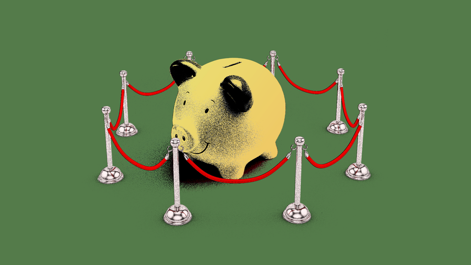 Artwork of a piggy bank with a red velvet rope line holding it in.