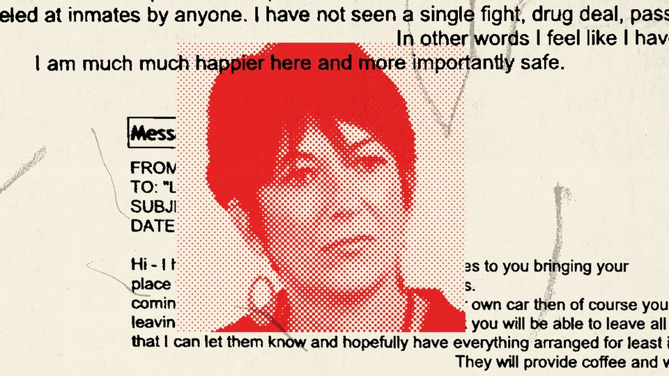 A photo of Ghislaine Maxwell superimposed over text from emails she's sent while in prison.