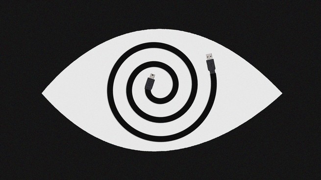 illustration of an eye with a charging cord swirl in the middle