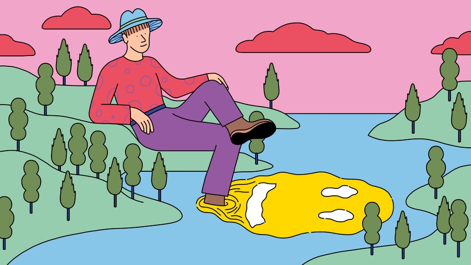 An illustration of a man sitting in a miniature landscape with his feet in a river where a smiley face is reflected