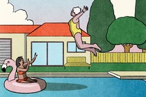an illustration of an older woman in a yellow bathing suit leaping with abandon from a diving board into a pool while a younger woman in a floating flamingo shields herself with her arms