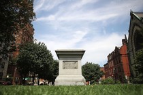 A pedestal in Baltimore that held a statue of the former Supreme Court Chief Justice Roger B. Taney, author of the Dred Scott decision