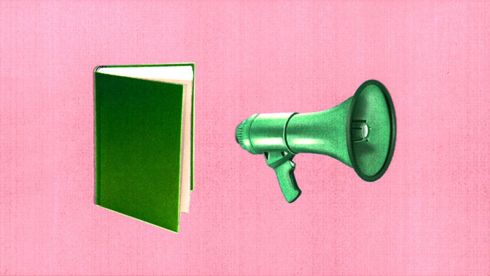 A green book and a green megaphone against a pink background