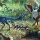 A pair of feathered dinosaurs in a forest