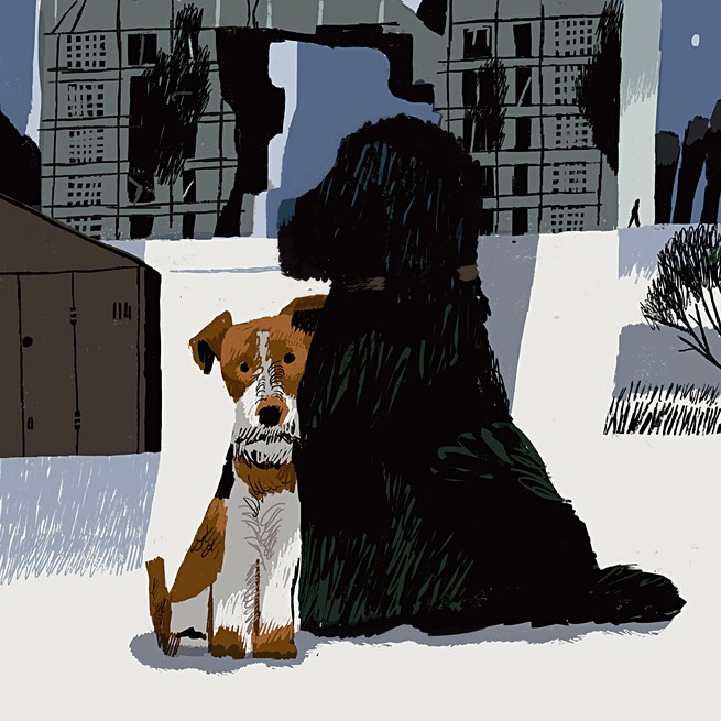 illustration of 2 dogs, one brown/white and one shaggy and black, with ruined urban buildings behind