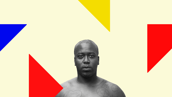 A portrait of Brontez Purnell with colored triangles