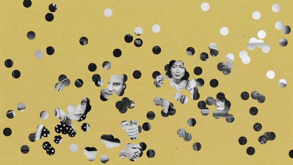 Illustration of a photograph seen in pieces through circles cut out of a yellow field.