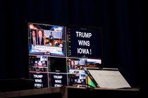 Screens prepared to broadcast at a caucus night watch party with former US President Donald Trump in Des Moines, Iowa