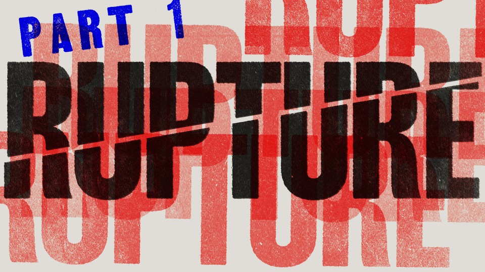 The word "Part 1" is in blue print in the upper left corner and in large black text of the word rupture is split in half over red lettering of the word rupture behind that. All the text is set in a white square.