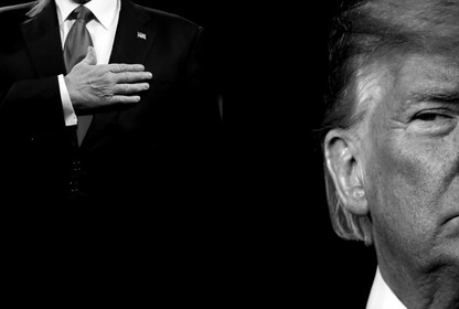 black-and-white graphic of Donald Trump with his hand over his heart, next to a close-up crop of his face