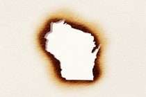 An illustration of a Wisconsin-shaped hole singed in a piece of paper