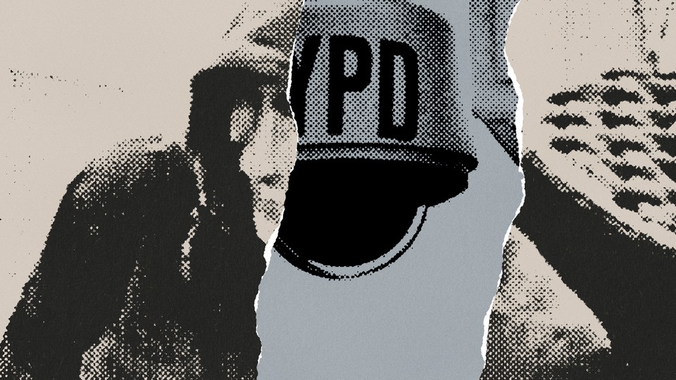 Illustration of a ripped photo of the UnitedHealthcare gunman smiling on surveillance footage with an NYPD helmet behind the rip