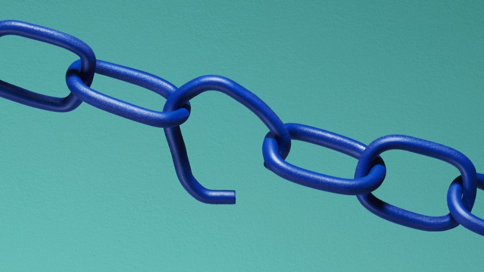 A dark blue chain with one broken link against a light blue background