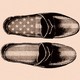 Photo-illustration of loafers seen from overhead with an American flag imposed on them