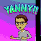 A laptop with a hypnotic moving swirl, with a Bitmoji on either side—one yelling "Yanny" and one yelling "Laurel"