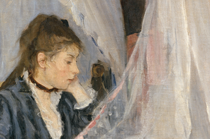 detail from painting of woman in 19th-century dress gazing down at baby in cradle with sheer drape around it