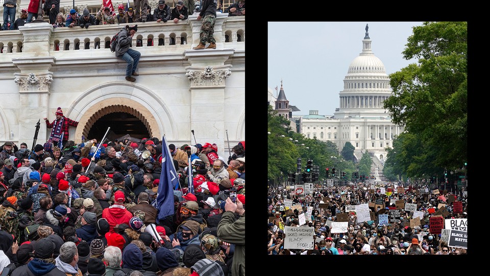 Side-by-side images of the January 6th riots on the left, and a Black Lives Matter protest at the Capitol on the right