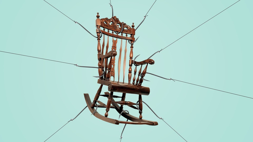 A photo illustration of a rocking chair being pulled by several hooks