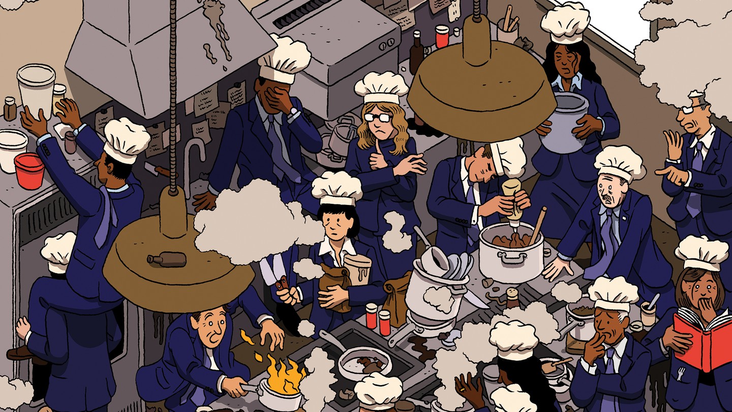 illustration of chefs in a crowded kitchen