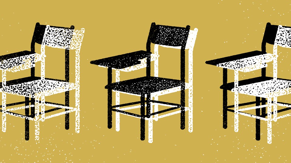 Illustration of black and white chairs with desks
