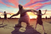 An artistic reconstruction of humans hunting a ground sloth