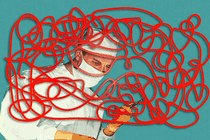 Artwork of a doctor obscured by a winding network of red tape