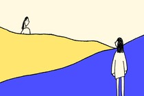 Illustration of two women looking at each other across blue and yellow hills