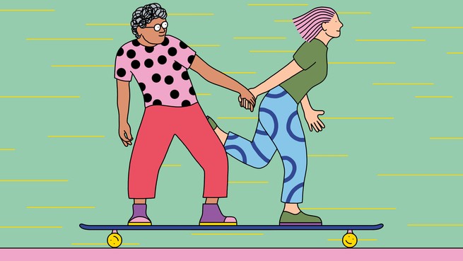 Illustration of a couple riding the same skateboard and holding hands. The skateboard's wheels are smiley faces.