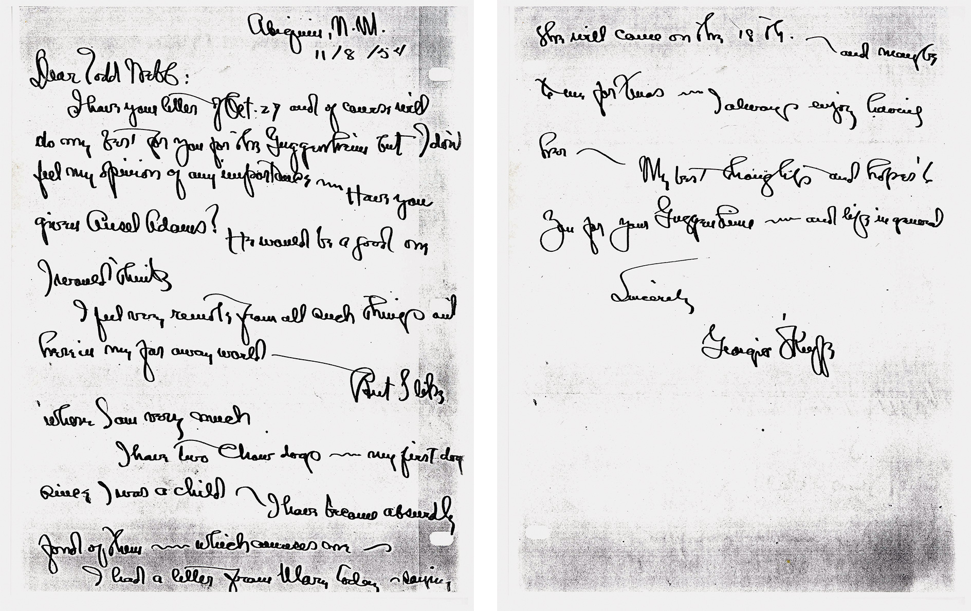 black-and-white scan of front and back of handwritten letter from O'Keeffe to Webb in looping cursive script