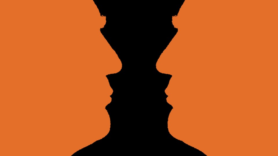 Two orange silhouettes of Donald Trump against a black background