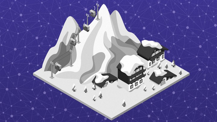 A computer graphic illustration of a small ski resort against a purple background