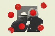 Red dot stickers scattered across a photo-illustration of a couple looking at art on a wall