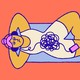 a cartoon drawing of a figure laying on a yoga mat, with a knot of headphones connected to a phone.