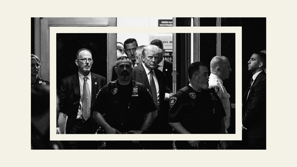 Photo illustration of the arraignment of Donald Trump