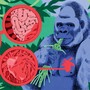 An illustration of a silverback gorilla eating green stems, with a red circle over the left side of his chest, against a background of green jungle plants and images of a heart, intestines, and cells