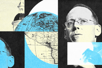 Paul Farmer next to a globe