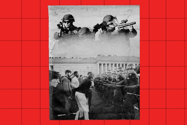 A diptych showing the presence of the U.S. National Guard in Los Angeles in 2025 and in Washington D.C. in 1967