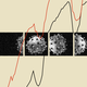 A line chart superimposed over a microscopic view of the coronavirus