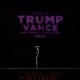 A color photograph of a microphone on a podium, with a black background and a blurred Trump-Vance sign seen in the distance.