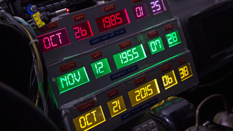 A digital time-travel display inside a DeLorean DMC-12, which appeared on the red carpet at the Back to the Future 30th Anniversary screening in Manhattan, in 2015.
